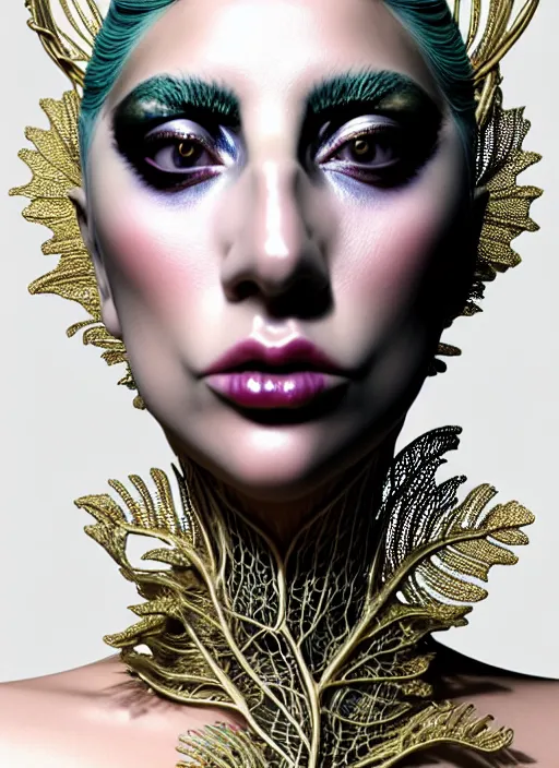 Image similar to complex 3d render ultra detailed of a beautiful porcelain lady gaga face, mechanical vegetal cyborg, 150 mm, beautiful natural soft light, rim light, silver gold details, magnolia big leaves and stems, roots, fine foliage lace, mesh wire, Alexander Mcqueen haute couture, lady Gaga style, intricate details, hyperrealistic, mandelbrot fractal, anatomical, red lips, silver metal armor, facial muscles, cable wires, microchip, elegant, white background, octane render, H.R. Giger style, 8k