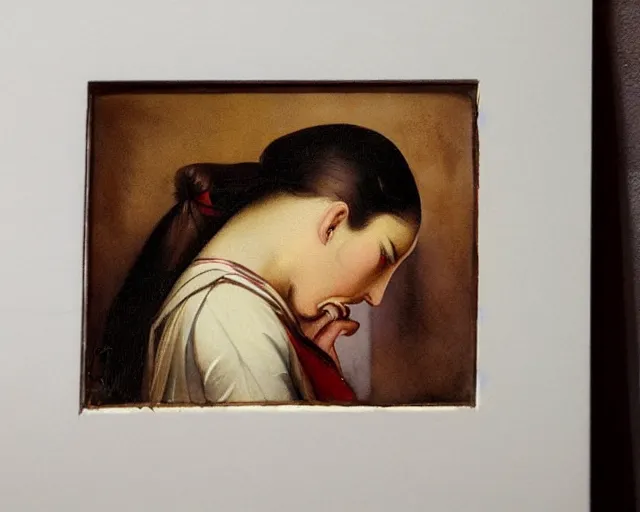 Prompt: a very unique stylize watercolor painting. 3 / 4, medium shot. a straight and long nose, and huge prominent eyes. she is looking at the mirror and crying to the sun. old photograph. sharp image. academicism, highly detailed, color harmony, art station, ornate, caravaggio style. old photography