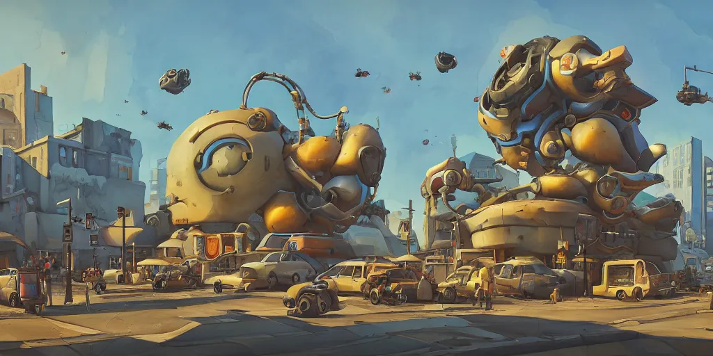 Prompt: overwatch building, stylized, exterior, architecture, in watercolor gouache detailed paintings, insanely detail, artstation, 8 k, futuristic, big medium small, arcane, simon stalenhag, food stall, interesting shapes & form, golden ratio, megastructures, vitaly bulgarov, slums, junkyard