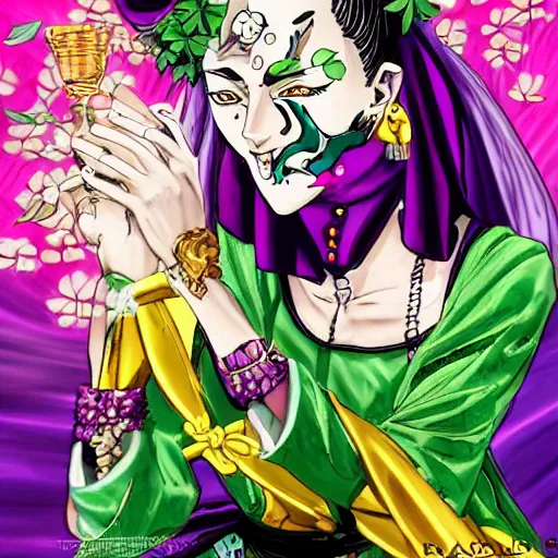 Image similar to a jojo's bizarre adventure manga artstyle colorful sketch : Marie the mother of Jesus resembling Jolyne Kujo, smiling with her mouth shut, not looking at the camera, with a saint aureola, black and white, wearing a veil, shamrocks and lilies in the background by by hirohiko araki shonen jump, crisp details, realistic, featured on Artscape