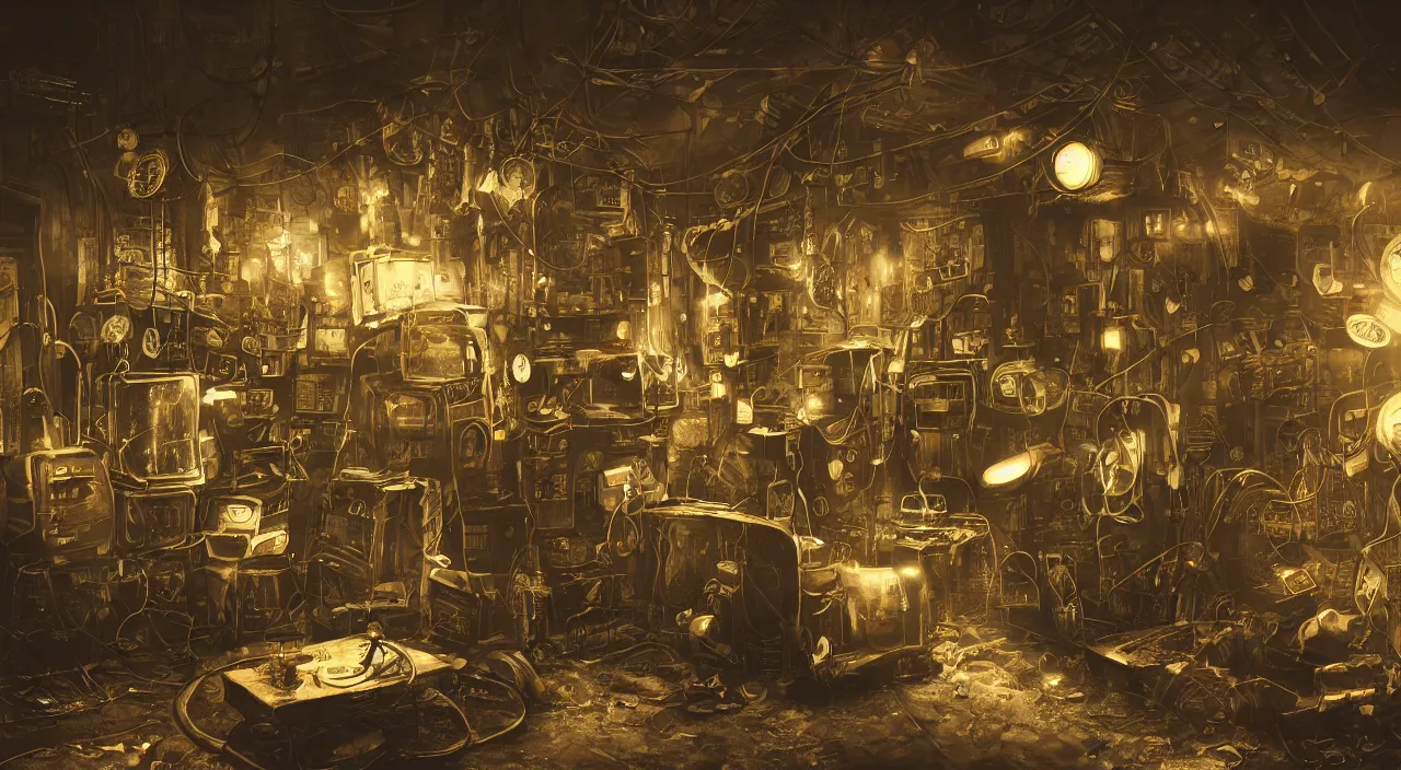 Image similar to Steampunk interior, room of wires, television screens, random technology, other junk, rubbish, dirty, subdued lighting, neon bulbs, single light source, photographic quality, directed by Stanley Kubrick, atmospheric lighting, cinematic, trending on artstation, octane render