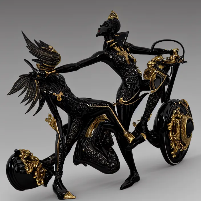 Prompt: fine art statue of black egyptian god on a surrealist motorbike, ebony art deco, carved black marble, inlaid with ebony and gold accents, ebony rococo, wings black lace wear, sculpted by spider zero, zaha hadid, beautifully lit, hyper detailed, intricate, elite, ornate, photorealistic, micro details, 3 d sculpture, ray trace