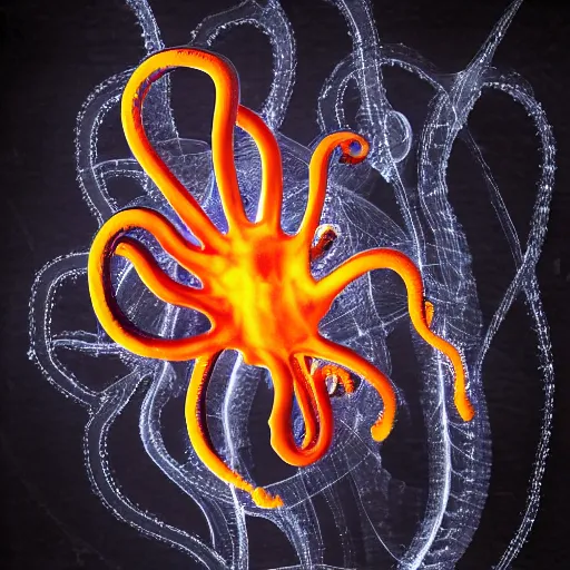 Prompt: an x - ray of an octopus, neon, dark background, underwater