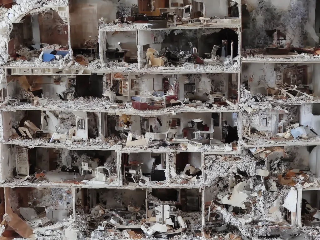 Image similar to a dollhouse exploding, news footage