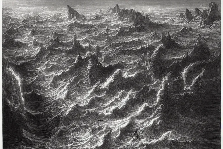 Image similar to aerial view, the biblical crossing of the red sea, Gustave Dore lithography