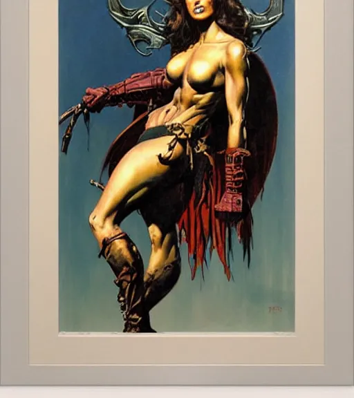 Image similar to portrait of strong female chaos angel, beautiful! coherent! by frank frazetta, by brom, strong line, deep color, spiked metal armor, maximalist