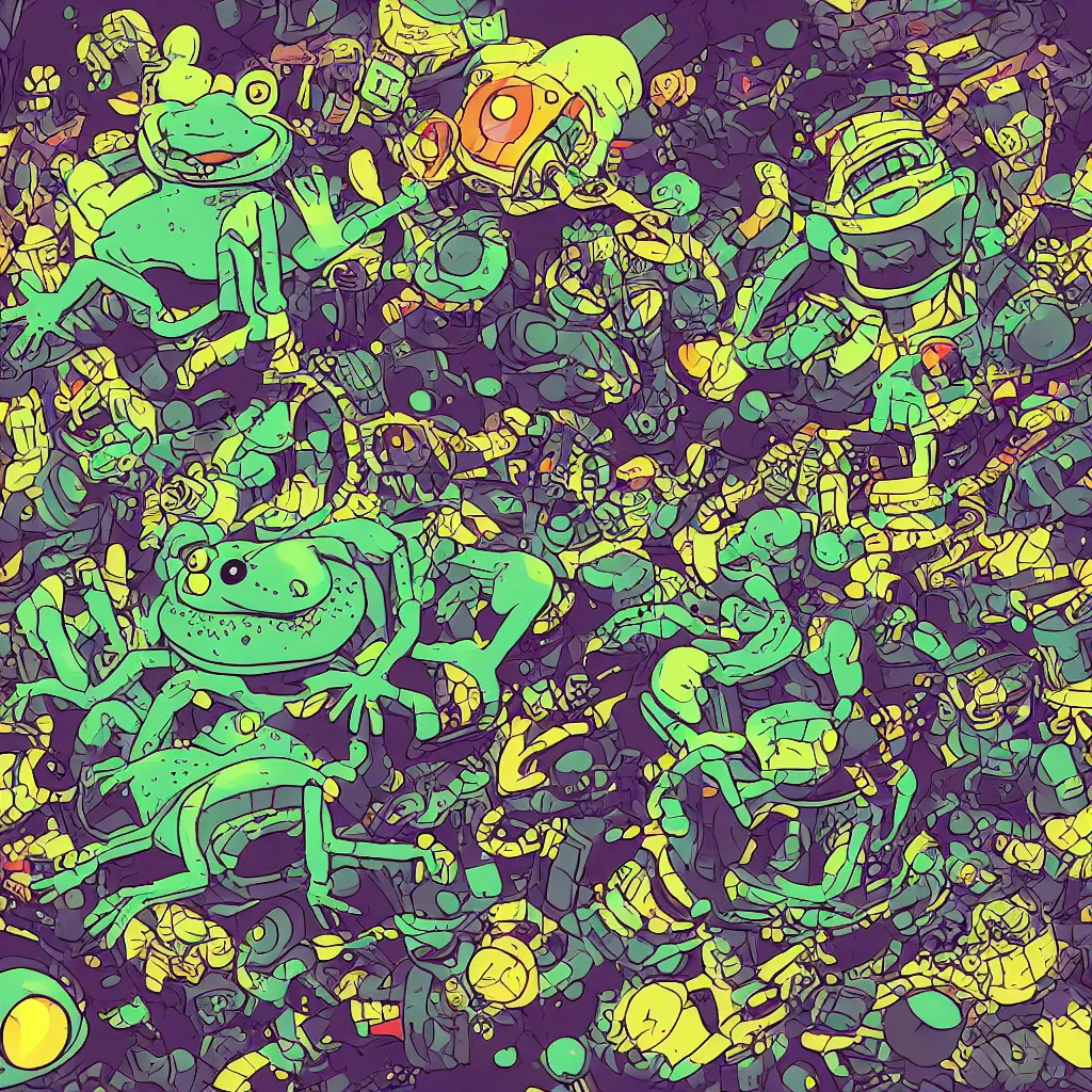 Image similar to toads, deconstructed amphibian, ryuta ueda artwork, breakcore, style of jet set radio, y 2 k, gloom, space, cel - shaded art style, indigo rainbow, data, minimal, code, cybernetic, dark, eerie, cyber