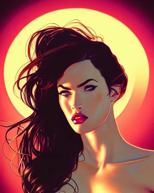 Image similar to low angle closeup beautiful very seductive megan fox retro scifi goddess pinup, action glamour pose, windblown dark hair, hyper detailed, digital art, studio lighting, smooth, ambient lighting, sharp focus, frank miller, wlop, anna dittmann, moebius!, alphonse mucha, patrick nagle!!!, rim lighting, synthwave