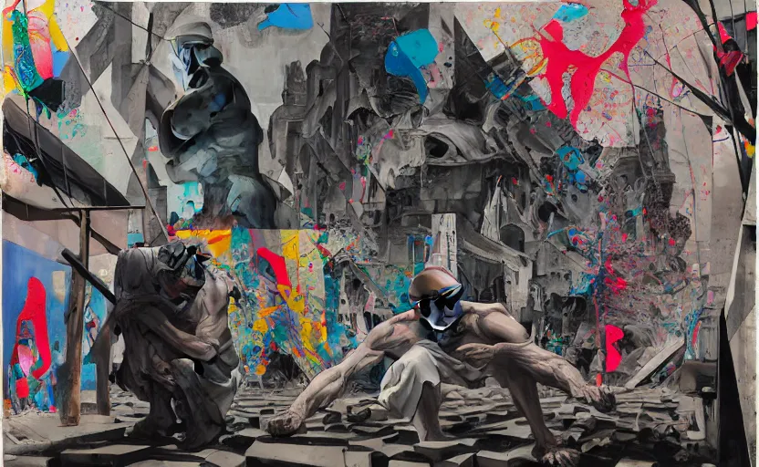 Image similar to decollage painting old man struggle on a street of ruined city with his muscles and ligaments in incredible tension by adrian ghenie and takato yamamoto and edward hopper and mark ryden and tsutomu nihei, part by bridget riley, acrylic pour and splashing paint, very coherent, baroque elements, perfect anatomy, intricate design. pop art.