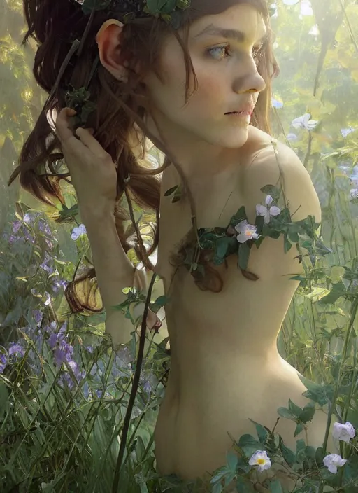 Image similar to A beautiful full portrait of a stunning young female elf on a beautiful lush forest meadow, afternoon, art by Artgerm and Greg Rutkowski and Alphonse Mucha, DAZ, hyperrealistic, ambient light, dynamic light, vray