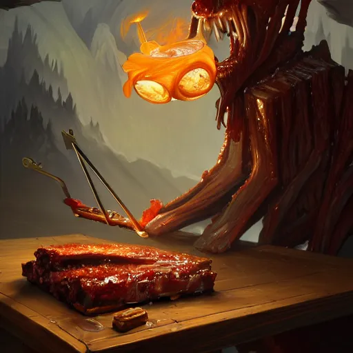 Prompt: emaciated izzo Eating Big Macs, dripping BBQ Sauce, serving rack of ribs, D&D, fantasy, intricate, elegant, highly detailed, digital painting, artstation, concept art, matte, sharp focus, illustration, hearthstone, art by Noah Bradley John Collier and Artem Demura and Alphonse Mucha