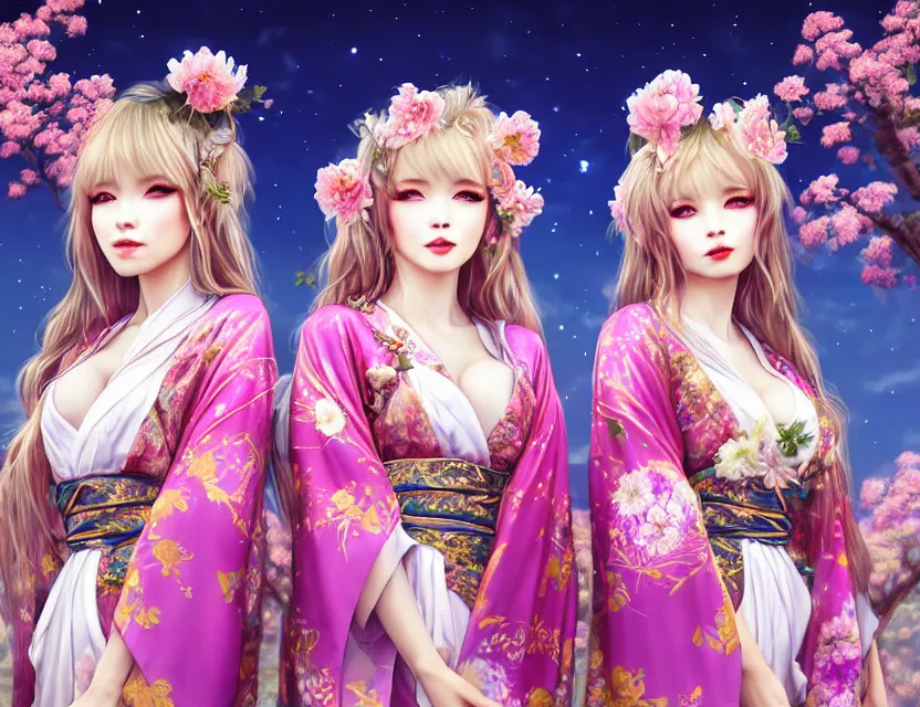 Image similar to two beautiful alluring siberian girls wear fantasy kimono in festival | | sunny night, full moon, dreamlike art, realistic shaded, smile, good looking, hyper details, 4 k realistic, cryengine, realistic shaded lighting poster by artgerm, ross tran, fuji choko, 8 k resolution, trending on artstation, luxury