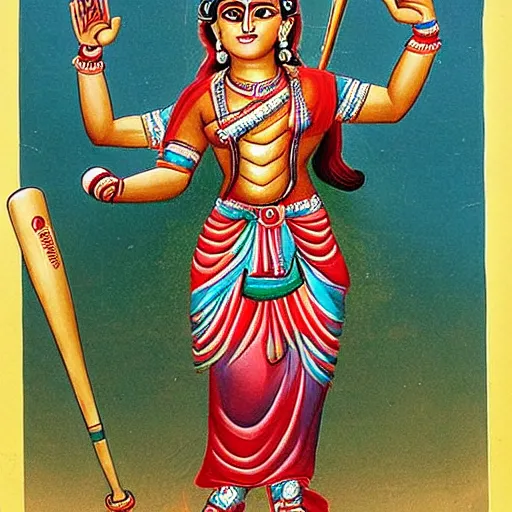 Prompt: Baseball playing goddess Durga, also known as Mata Rani and Devi Maa. Durga has many arms, more than 2 arms. She wears baseball gloves and baseball bats.