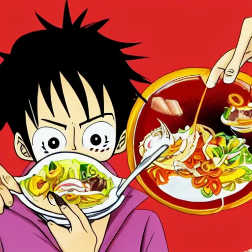 Prompt: Luffy eating ceviche, highly detailed