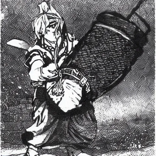 Prompt: “dnd dwarf, carrying big sack, by gou tanabe, manga”