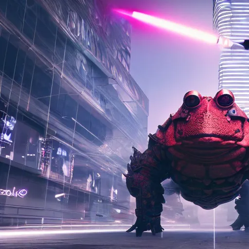 Image similar to a photo of a huge wide toad in a futuristic armor with glowing katana sword, cyberpunk, hyper realistic, hyper detailed, volumetric lightning, grainy film, octane render, 8k, raytracing