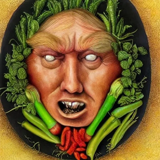 Prompt: highly detailed painting of donald trump made of vegetables, by giuseppe arcimboldo