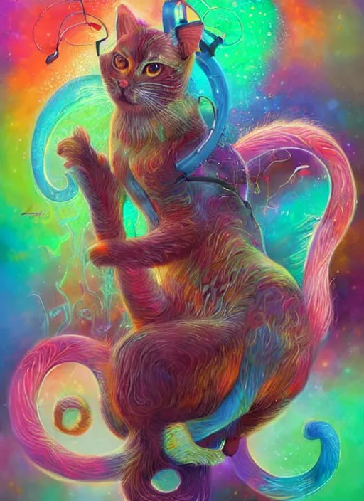 Prompt: cat seahorse fursona wearing headphones, autistic bisexual graphic designer, red haired attractive androgynous humanoid, coherent detailed character design, weirdcore voidpunk digital art by delphin enjolras, wlop, louis wain, furaffinity, cgsociety, trending on deviantart