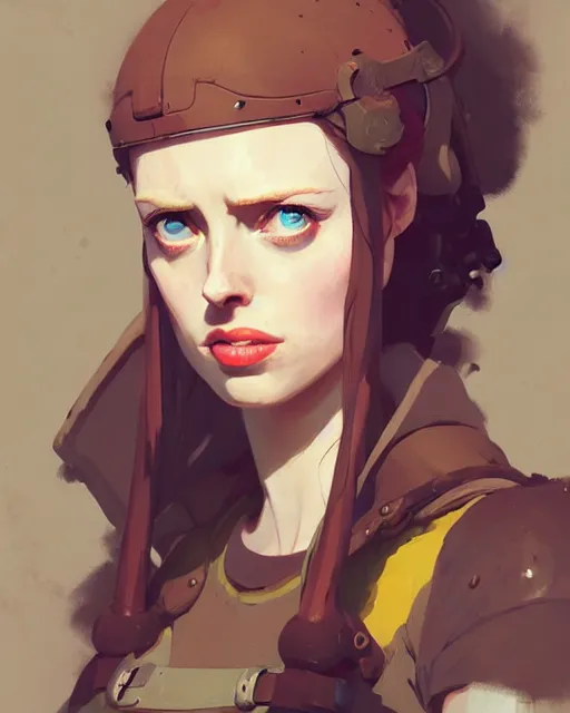 Image similar to hyper - realistic portrait of deborah ann woll as a adventurer by atey ghailan, by greg rutkowski, by greg tocchini, by james gilleard, by joe fenton, by kaethe butcher, dynamic lighting, gradient light yellow, brown, blonde cream and white color scheme, grunge aesthetic