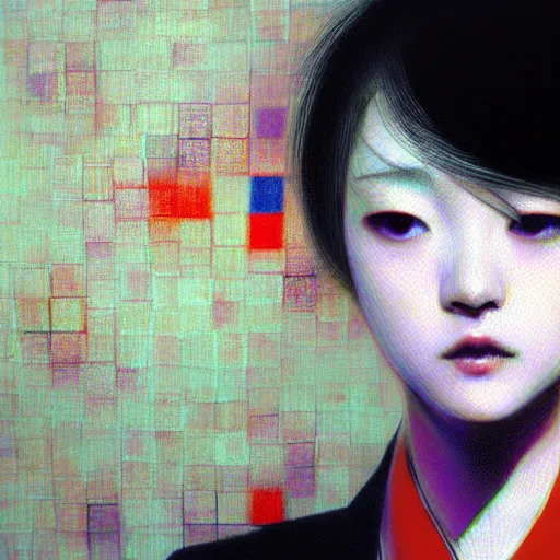 Image similar to yoshitaka amano blurred and dreamy realistic three quarter angle portrait of a young woman with short hair and black eyes wearing office suit with tie, junji ito abstract patterns in the background, satoshi kon anime, noisy film grain effect, highly detailed, renaissance oil painting, weird portrait angle, blurred lost edges