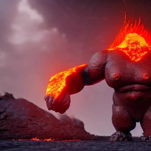 Image similar to a large, muscular, standing, humanoid, lava rock, magma, fire golem creature, burning eyes, exaggerated perspective, unreal engine, 3 5 mm