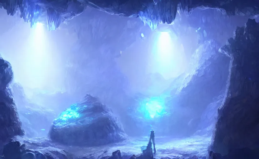 Prompt: a blurry ambient glowing crystal in the distance of a giant cave, crystals, dynamic lighting, ambient lighting, atmospherical, photorealistic fantasy concept art, trending on art station, stunning visuals, creative, cinematic, ultra detailed