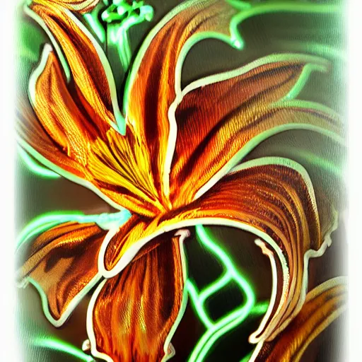 Prompt: mechanical tiger lily flower, metallic, glowing, high detail