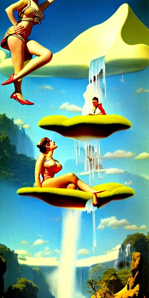 Prompt: floating island in the sky, with a waterfalls, 4k image, award winning by Gil Elvgren