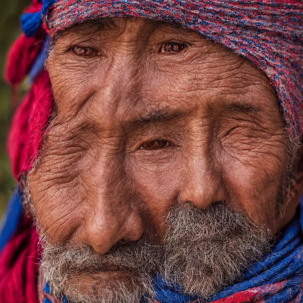 Image similar to close up portrait of a sherpa, photograph, blue and red studio light, sharp, detailed face, gaze, editorial model, photo, annie leibovitz, steve mccurry, david lazar, 1 0 5 mm, f 2. 8, in an oasis, 8 k, detailed