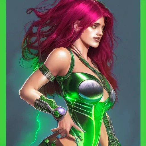 Image similar to ultra realistic illustration, bella thorne as starfire anime with glowing green eyes, intricate, elegant, highly detailed, digital painting, artstation, concept art, smooth, sharp focus, illustration, art by artgerm and greg rutkowski and alphonse mucha