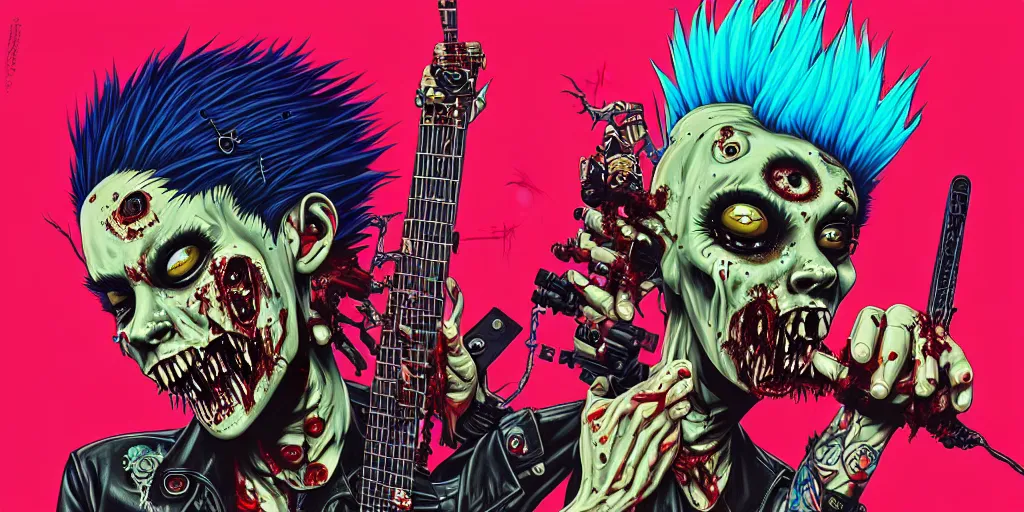 Prompt: a zombie punk rocker with a mohawk playing electric guitar, tristan eaton, victo ngai, artgerm, rhads, ross draws, rule of thirds by francis tneh