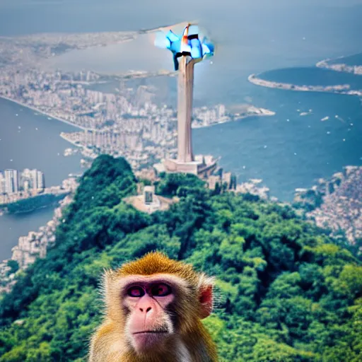 Image similar to high quality portrait of a monkey in front of Christ The Redeemer, studio photograph, photograph, realistic photo, 8k photo, 4k photo, stock photo, high resolution, cinematic shot, high detail