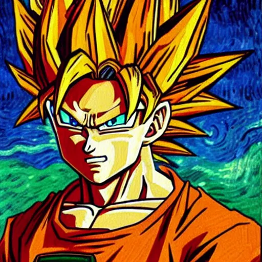 Image similar to super saiyan goku painted by vincent van gogh, oil - on - canvas, highly detailed, 8 k