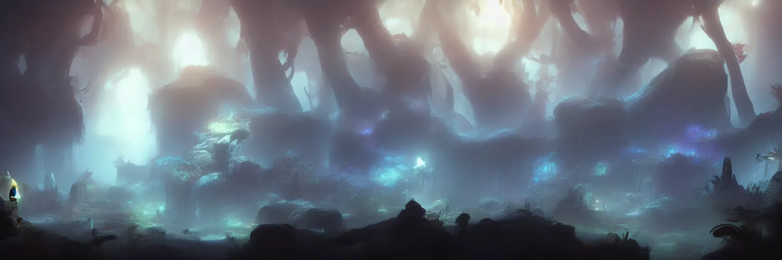 Prompt: huge dark cave with cinematic lighting in the style of ori and the blind forest, highly detailed, digital art 4k, 8k