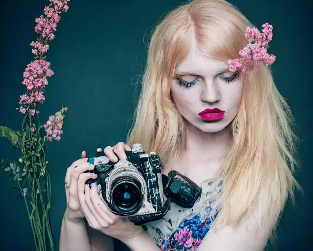 Prompt: pale young woman with bright blonde hair, freckles, blue eyes and a wide face, flowery dress, using a dslr camera, dramatic, surreal art by anna nikonova