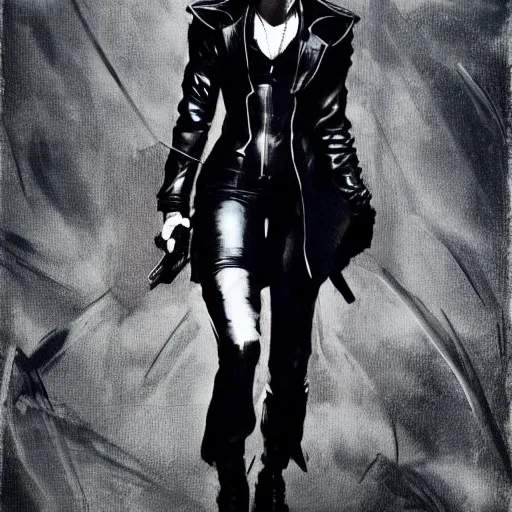 Image similar to Emma Watson in a black leather suit by Yoji Shinkawa