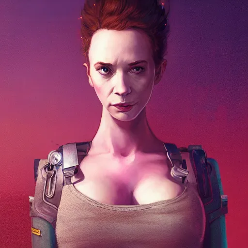 Image similar to highly detailed upper body portrait christina hendricks wearing plastic crop top cyberpunk in gta v, stephen bliss, unreal engine, fantasy art by greg rutkowski, loish, rhads, ferdinand knab, makoto shinkai and lois van baarle, ilya kuvshinov, rossdraws, tom bagshaw, global illumination, radiant light, detailed and intricate environment