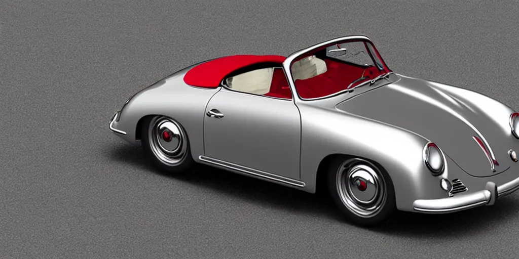 Image similar to abadoned silver porsche 356 roadster, roof up, red interior, white background, unreal engine