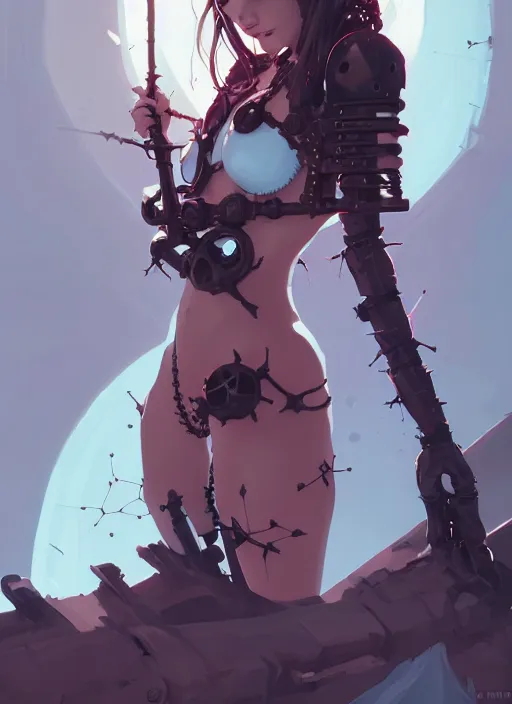 Image similar to portrait of cute goth maiden girl with crown of thorns in cyber bikini armor, warhammer, cyberpunk, by atey ghailan, by greg rutkowski, by greg tocchini, by james gilleard, by joe fenton, by kaethe butcher, dynamic lighting, gradient light blue, brown, blonde cream and white color in scheme, grunge aesthetic