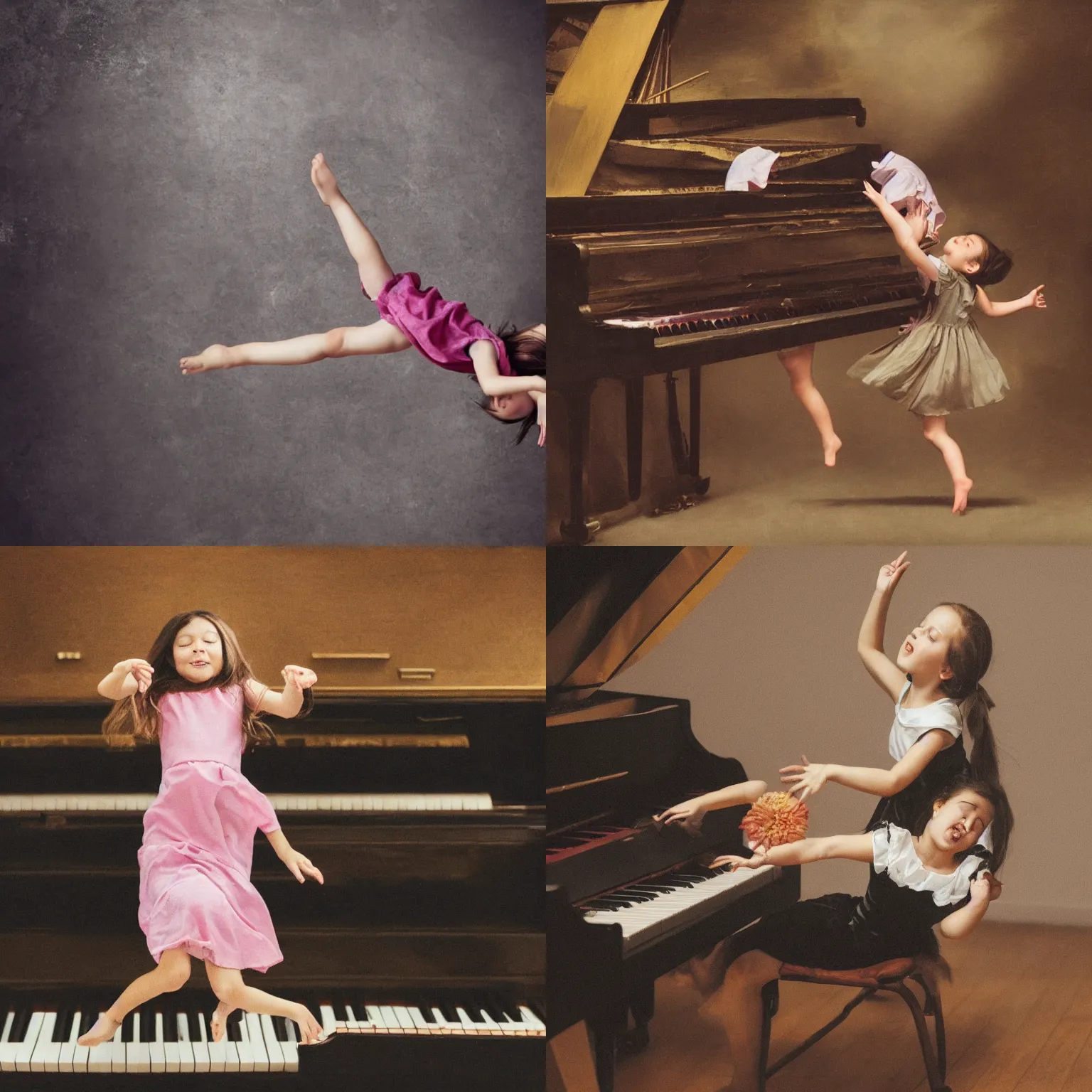 Prompt: girl falling from the sky and playing the piano