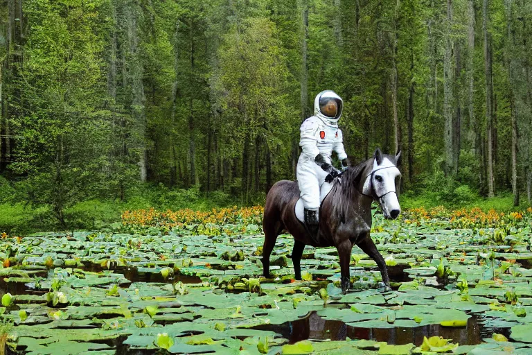 Image similar to A photo of an astronaut riding a horse in the forest. There is a river in front of them with water lilies