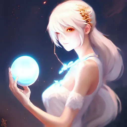 Prompt: a woman in a white dress holding a glowing ball | with nine white fox tails | a detailed painting by ross tran | wlop!!!!!!!!!!!!!!! and stanley artgerm lau | featured on deviantart | fantasy art | anime | 2 d game art | official art