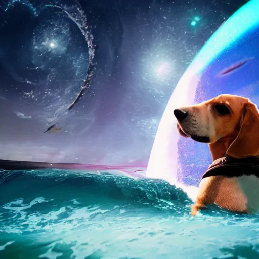 Image similar to photo of a beagle surfing a surfboard on a crashing l wave of alien ocean in space, background is an alien galaxy, aliens in the background, alien colors, octane render, unreal engine, wide view, 8 k, high detaild