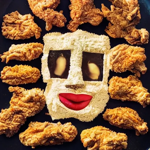 Image similar to a face made of fried chicken, fried chicken in the shape of a face, fried chicken looking like amanda seyfried