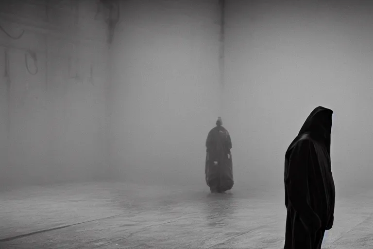 Prompt: a cinematic portrait of a prisoner dressed in a a black and white hazmat suit in a cell, dust storm, lee madgwick and zack snyder, 8 k, hd, high resolution, 8 5 mm, f / 1. 8