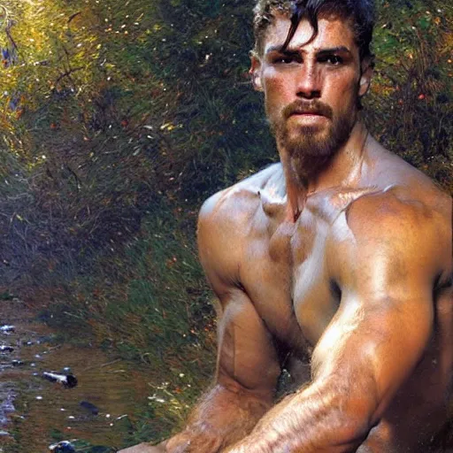 Prompt: young shepherd by a river, playful, male, muscular, detailed face, thighs!!!! gorgeous, amazing, muscular, intricate, highly detailed, painting by Gaston Bussiere, Craig Mullins