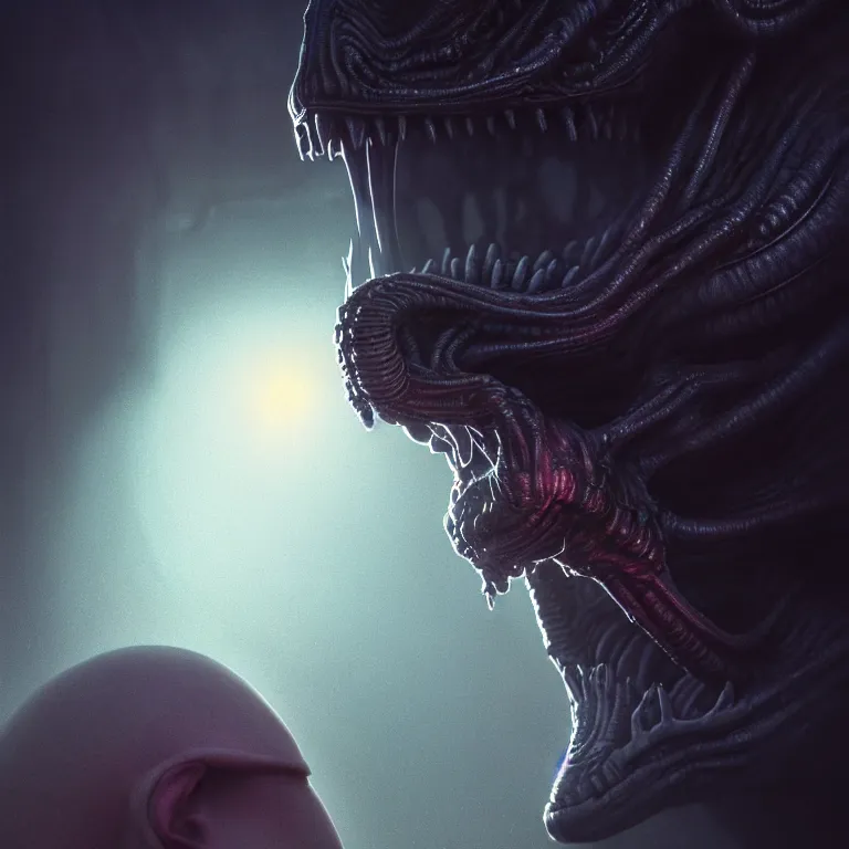 Image similar to closeup portrait of ribbed alien kissing prehistoric human, lucid dream - like heavy atmosphere, baroque painting, harsh flash photo, perfect composition, detailed octane render trending on artstation, 8 k artistic photography, volumetric cinematic perfect light, chiaroscuro, masterpiece, raphael, caravaggio, beksinski, rutkowski, beeple