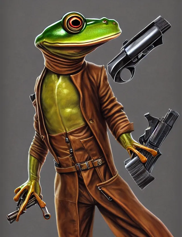 Image similar to anthropomorphic bipedal frog that is wearing a brown leather trenchcoat, and dual wielding revolver pistols, as a matte oil painting and d & d character art, by alex grey, retrofuturistic, science fantasy, standing, fullbody, concept art, award - winning, extremely detailed, sharp focus