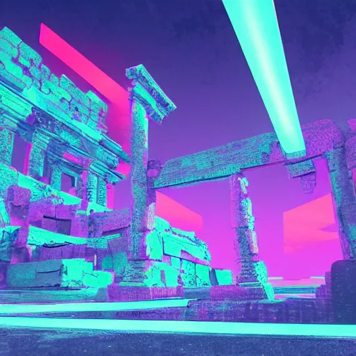 Image similar to neon ancient ruins,digital art,retrowave art,trending on art station