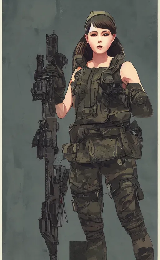 Prompt: girl, trading card front, soldier clothing, combat gear, matte, illustration, by kuvshinov ilya
